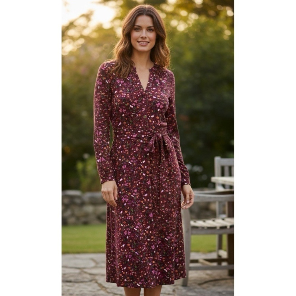 Talbots Petite Women's XLP Knit Midi Dress LS Burgundy Floral EUC